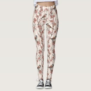 Leggings Moineau Asiatique Fleur de Cerisier Rayures Pêche