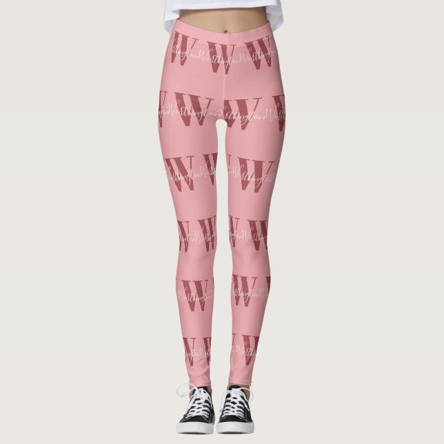 Leggings Monogramme de fille et nom rose roux (Devant)