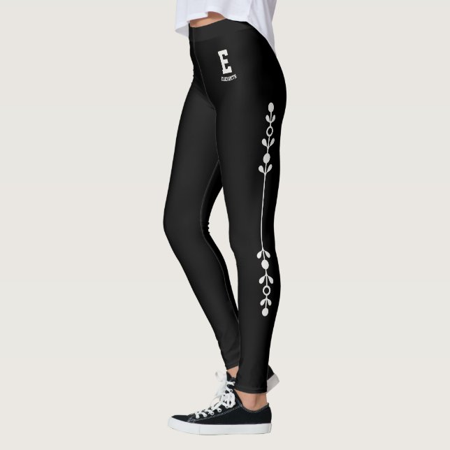 Leggings Monogramme de fleurs neutres noires nom personnali (Gauche)