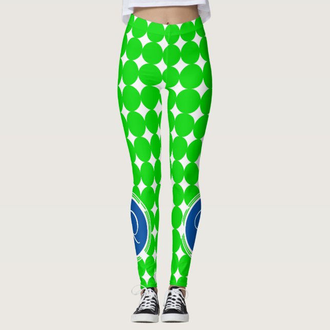 Leggings Monogramme de point Polka bleu et vert (Devant)
