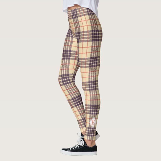 Leggings Monogramme, élégant tartan écossais en plaid beige (Gauche)