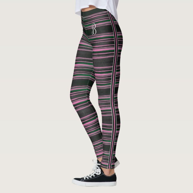 Leggings Monogramme en tissu de mode rose noire rayé (Gauche)