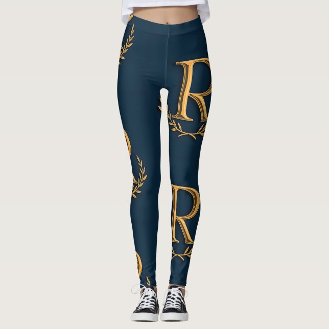 Leggings Monogramme initial personnalisé en or sur marine (Devant)