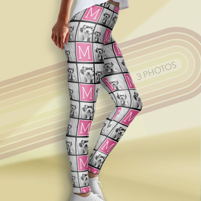 Leggings Monogramme rose noir avec collage photo personnali (Custom Photo Leggings)