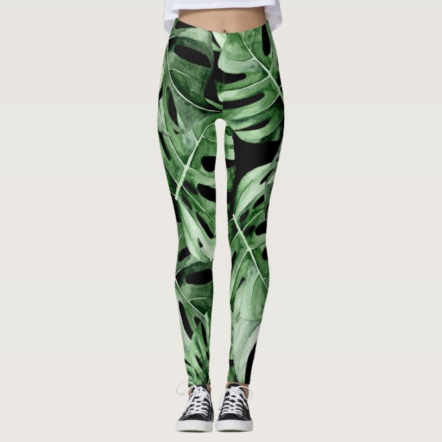 Leggings Monstère foncée : Aquarelle tropicale Imprimer. (Devant)