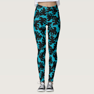 Leggings Monstère tropicale motif en noir et bleu aqua