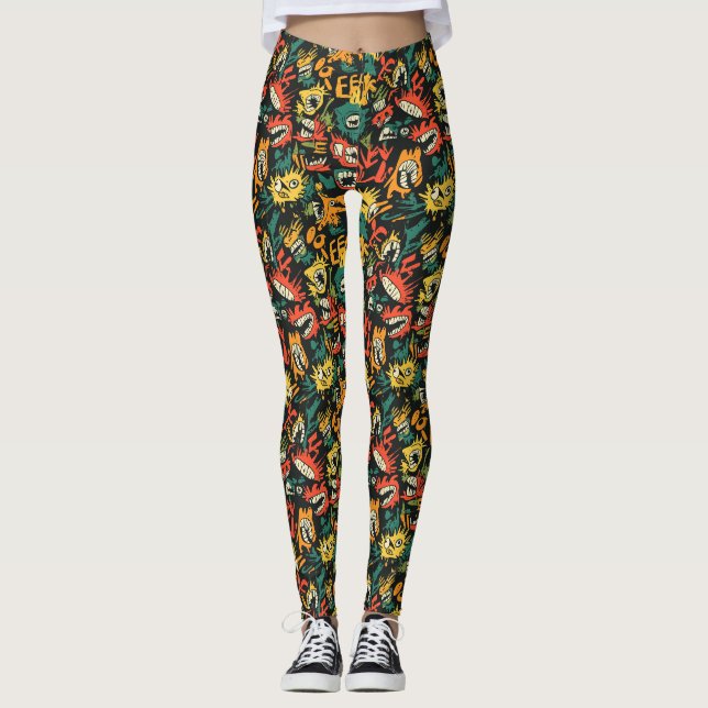 Leggings Monstre de Graffiti Eek Noir Halloween (1) (Devant)