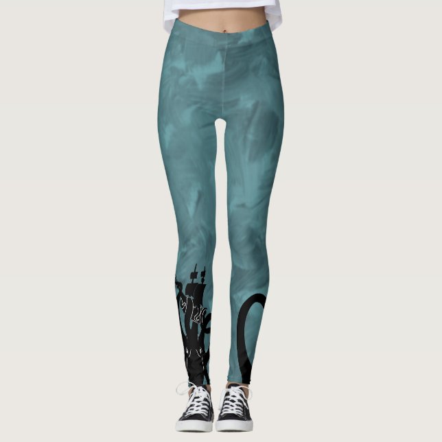 Leggings Monstre de mer bleu et noir Kraken avec navire (Devant)