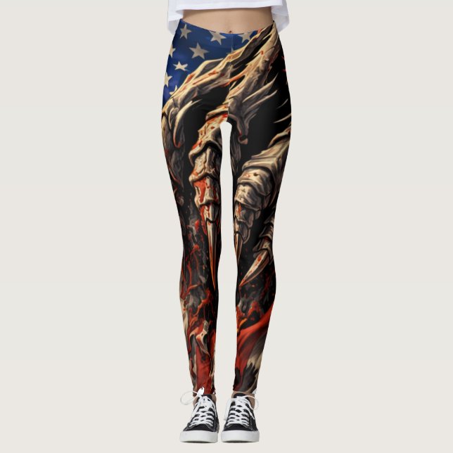 Leggings Monstre féroce déchirant l'art du drapeau américai (Devant)