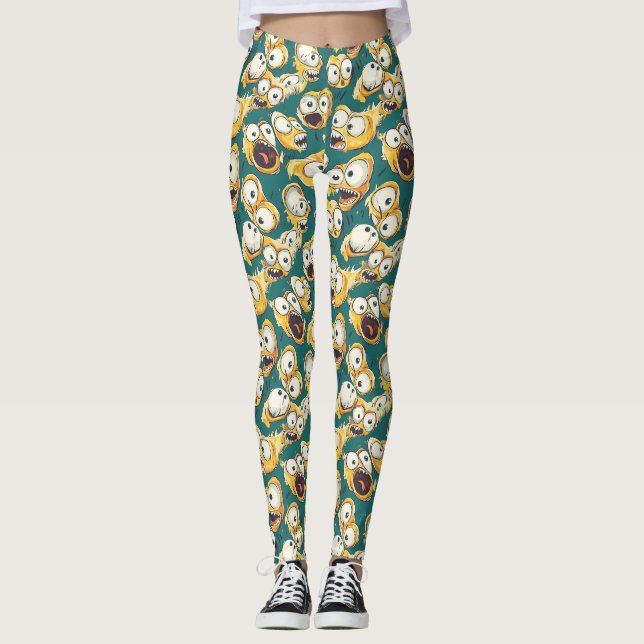 Leggings Monstre jaune fou Halloween sarcelle (Devant)