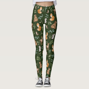 Leggings Moody Green Woodland Forest Animaux Motif