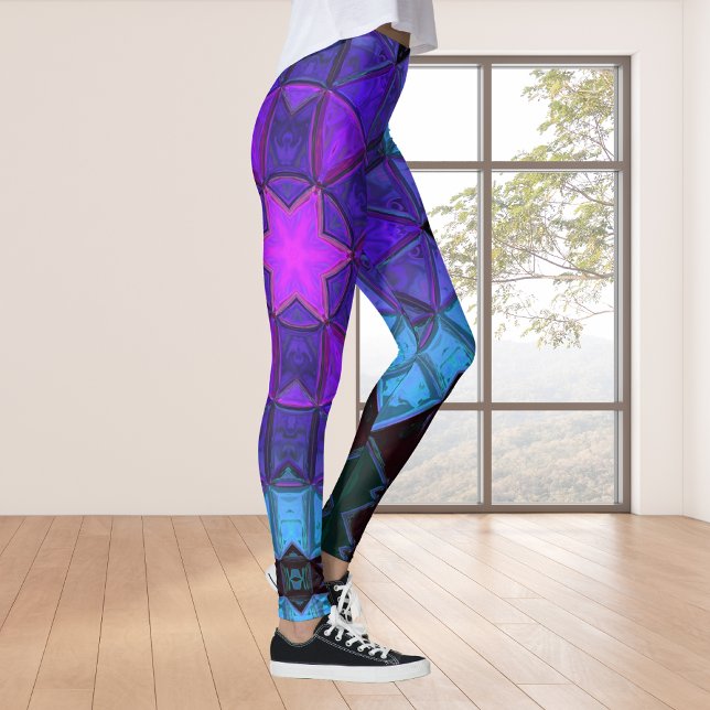 Leggings Mosaic Kaleidoscope Fleur Bleu pourpre et noir (Créateur téléchargé)