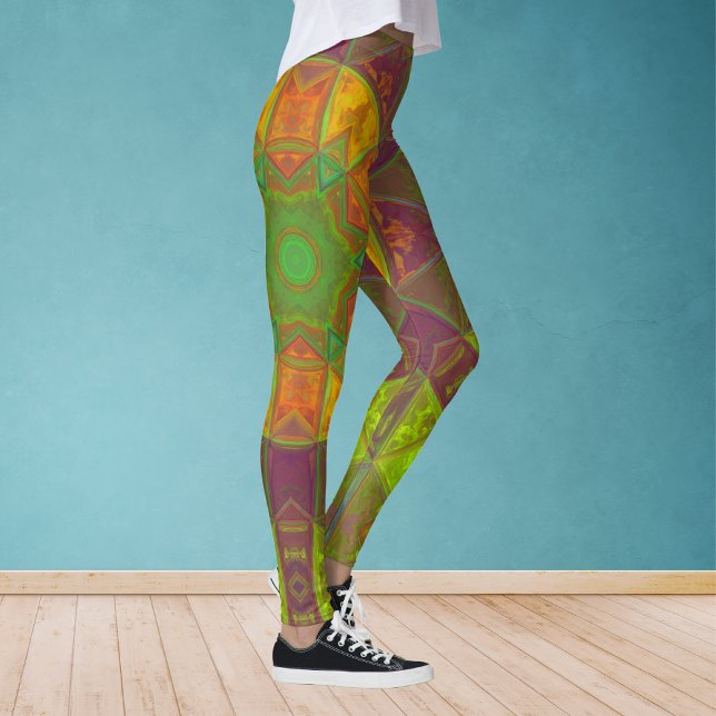 Leggings Mosaic Kaleidoscope Fleur vert pourpre et orange (Créateur téléchargé)