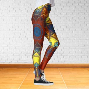 Leggings Mosaic Mandala Flower rouge jaune et bleu