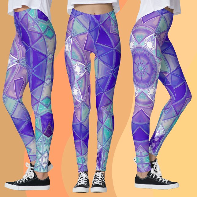 Leggings Mosaic Mandala Flower violet bleu et blanc (Créateur téléchargé)