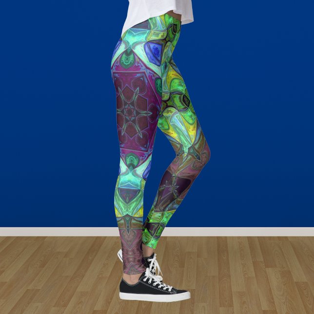 Leggings Mosaic Mandala Flower violet bleu et vert (Créateur téléchargé)
