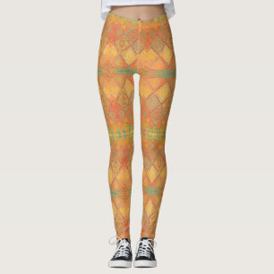 Leggings Mosaïque ambre orange jade vert design géométrique