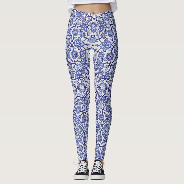 Leggings mosaïque de fleurs marocaines andalouses bleues (Devant)