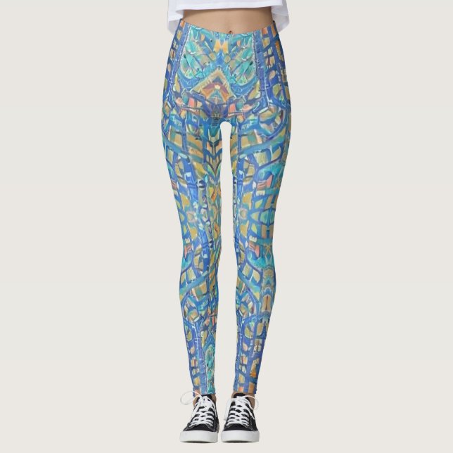 Leggings Mosaïque marocaine multicolore or bleu turquoise (Devant)