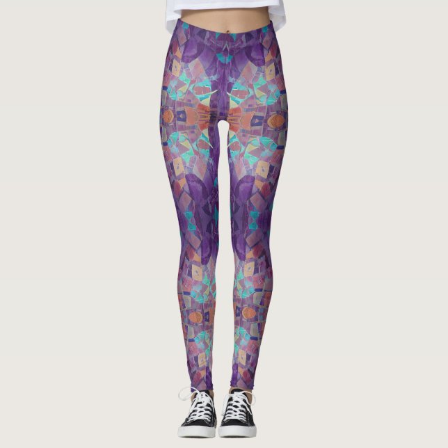 Leggings mosaïque marocaine rouge violet turquoise art géom (Devant)