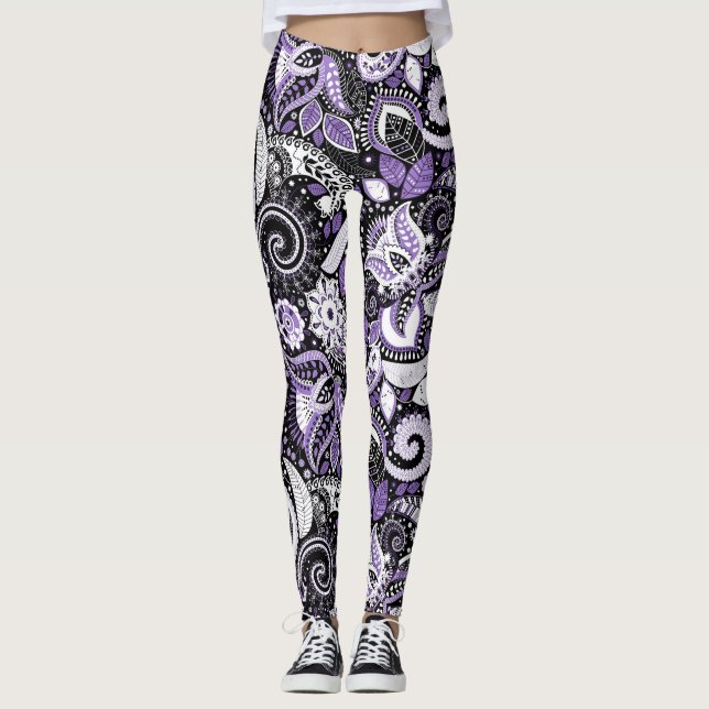 Leggings Motif à impression paisley violet blanc noir (Devant)