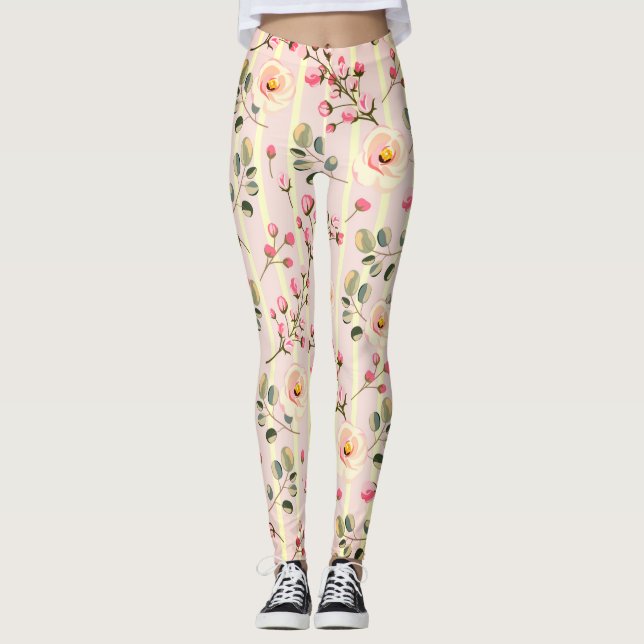 Leggings Motif à rayures florales rose pâle (Devant)
