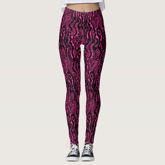 Leggings Motif Abstrait 130621 - Noir et rose chaud (Devant)