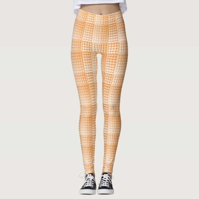 Leggings Motif Abstrait à Damier Orange et Blanc (Devant)