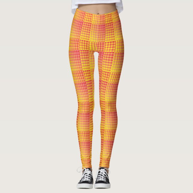 Leggings Motif Abstrait à Damier Rouge Jaune (Devant)