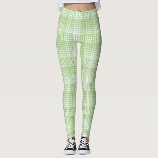 Leggings Motif Abstrait à Damier Vert Blanc (Devant)
