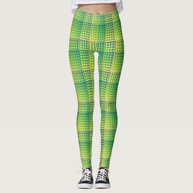 Leggings Motif Abstrait à Damier Vert Bleu (Devant)
