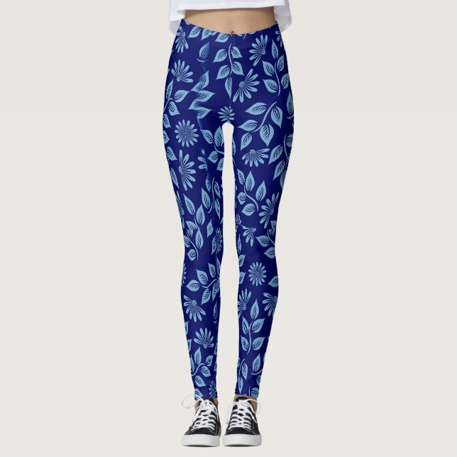 Leggings Motif Abstrait à feuille bleue bouchée (Devant)