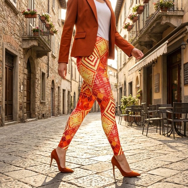 Leggings Motif abstrait géométrique moderne  (Unique leggings featuring a geometric abstract pattern in warm terra cotta and orange)