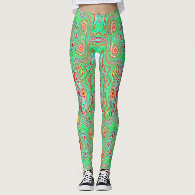 Leggings Motif Abstrait Orange Rétro et Vert Citron (Devant)