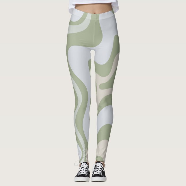 Leggings Motif Abstrait Retro Liquid Swirl à Sage Green (Devant)