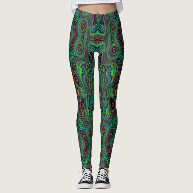 Leggings Motif Abstrait Rétro Noir et Vert Citron Tripant (Devant)