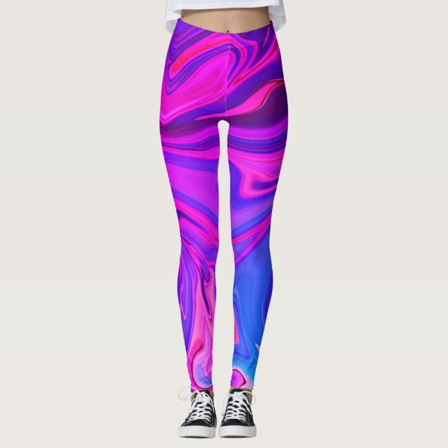 Leggings Motif abstrait rose violet bleu néon (Devant)