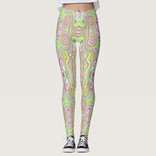Leggings Motif Abstrait Trippy Retro Rose et Lime Green (Devant)