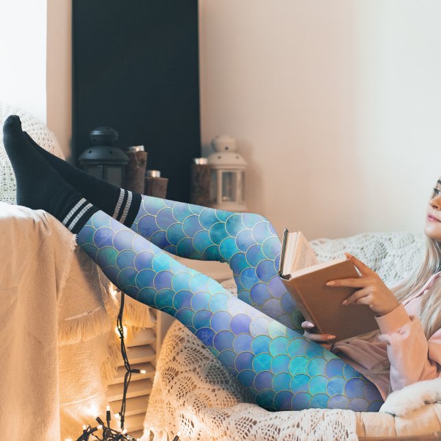 Leggings Motif Aqua Pearlescent & Gold Mermaid (Aqua Pearlescent Mermaid Scale Pattern Leggings)