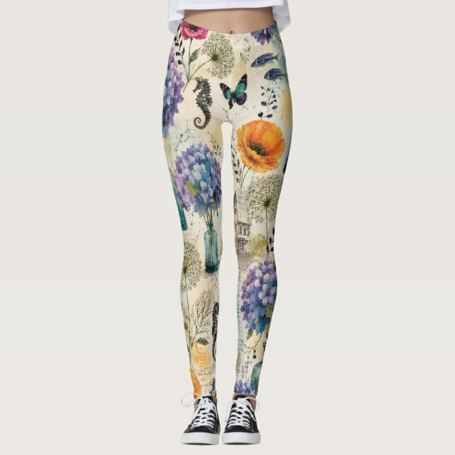 Leggings Motif aquarelle botanique côtier coloré (Devant)