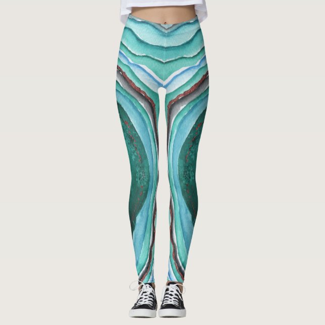 Leggings Motif Aquarelle Géode Agate - Blue Green Aqua (Devant)