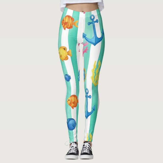 Leggings Motif aquarelle nautique rétro (9) (Devant)