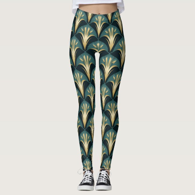 Leggings Motif Art déco élégant en or et Turquoise (Devant)