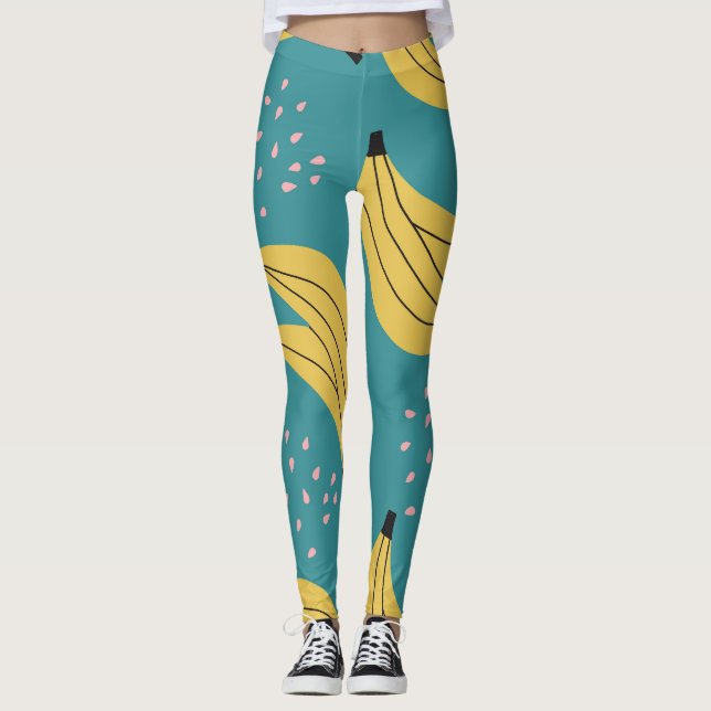 Leggings motif banane vintage, arrière - plan bleu. (Devant)