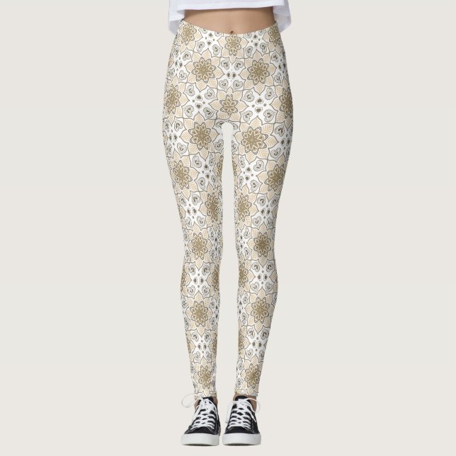 Leggings Motif Batik du Cercle de Mandala Floral Beige (Devant)