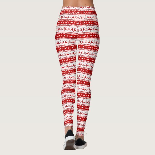 Leggings Motif blanc et rouge de Noël cerf et traîneau (Dos)