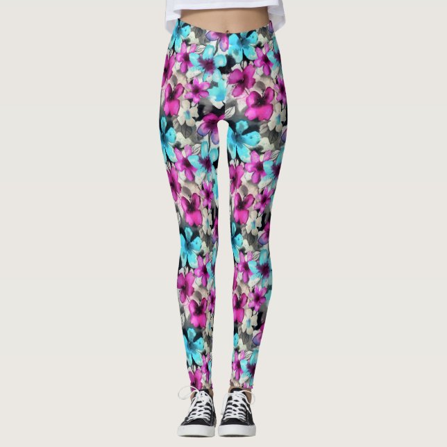 Leggings Motif bleu rose blanc Aquarelle noire (Devant)