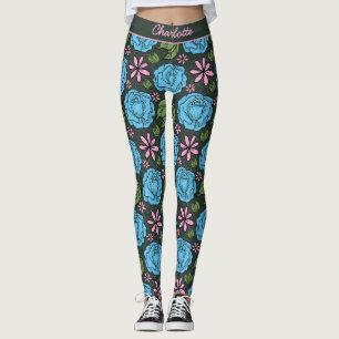 Leggings Motif bleu rose floral cousu personnalisé