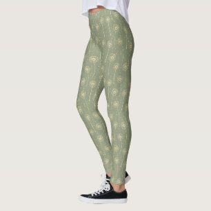 Leggings motif bohème vert forêt jaune dent-de-lion