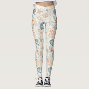 Leggings Motif botanique marin Coquillage Corail bleu pêche